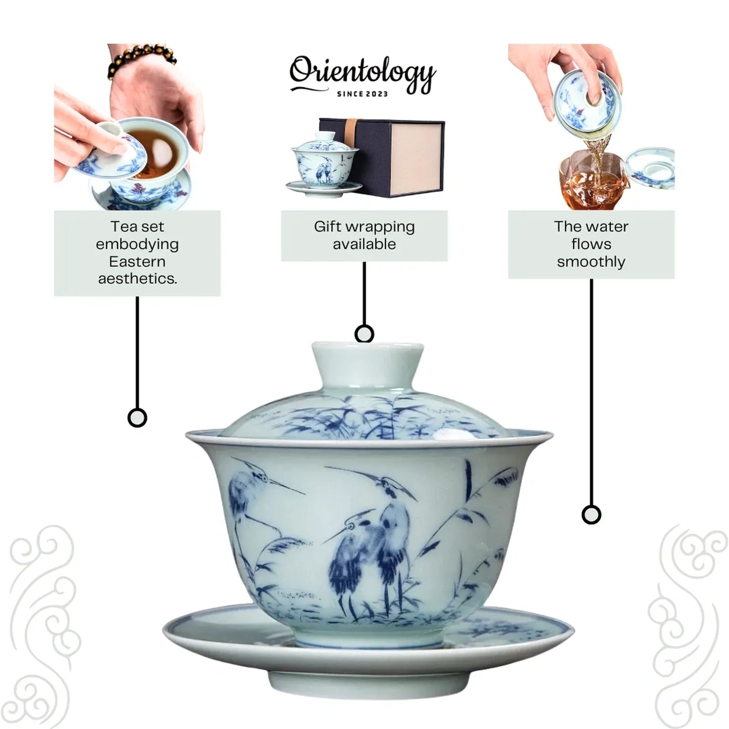 Hand-Painted Blue-and-White Porcelain Gaiwan: Nature Whisper Collection